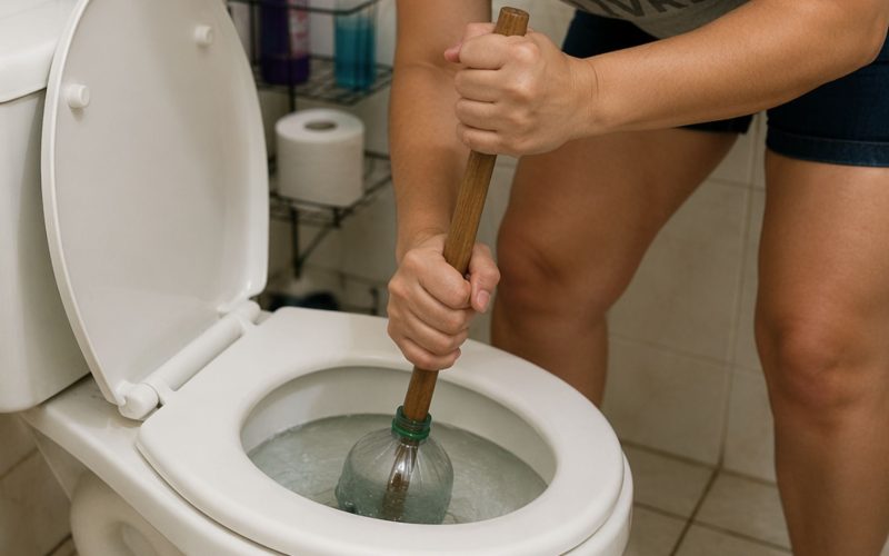 Desentupindo o vaso sanitário: um método eficaz com garrafa pet e cabo de vassoura