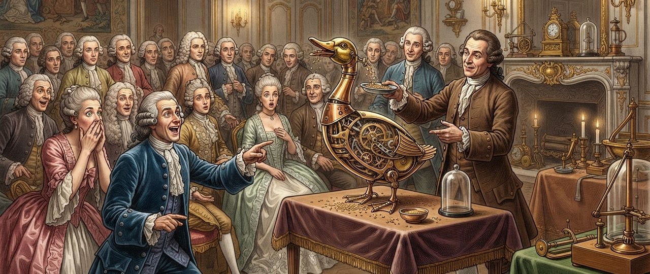 No século XVIII, um pato mecânico que devorava grãos e defecava encantava plateias pagantes