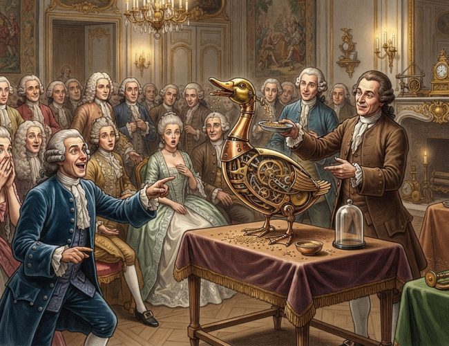 No século XVIII, um pato mecânico que devorava grãos e defecava encantava plateias pagantes